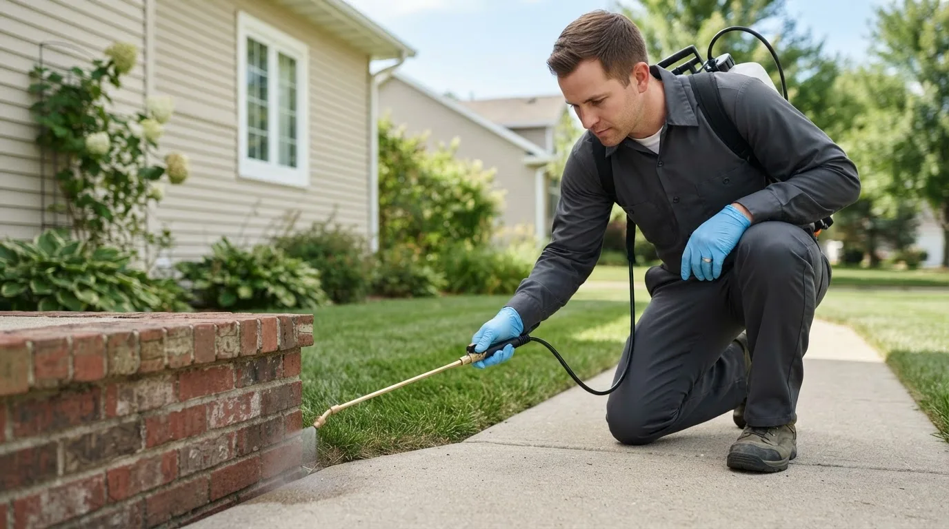Pest control technician treating a home near Seneca Falls, NY